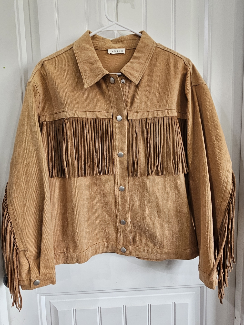 KORI America Tan Western Fringe Denim Style Jacket Small S Cowgirl Boho